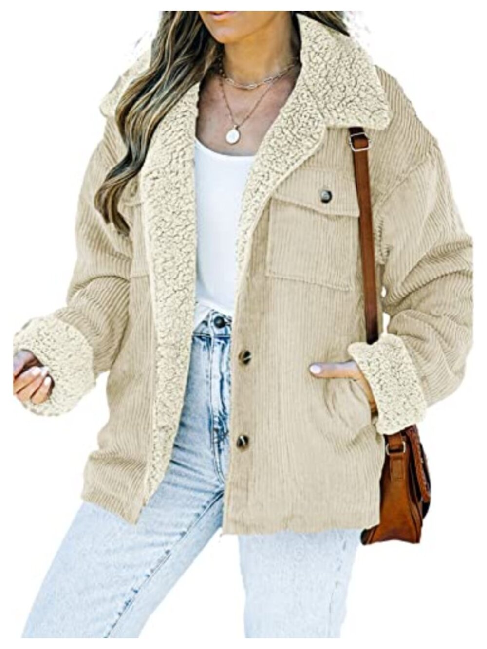 Corduroy Sherpa Jacket Women Button Down Fleece Fur Collar Boyfriend Fit
